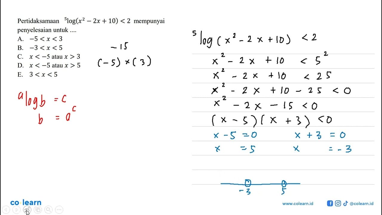 Pertidaksamaan 5log(x^2-2x+10)<2 mempunyai penyelesaian