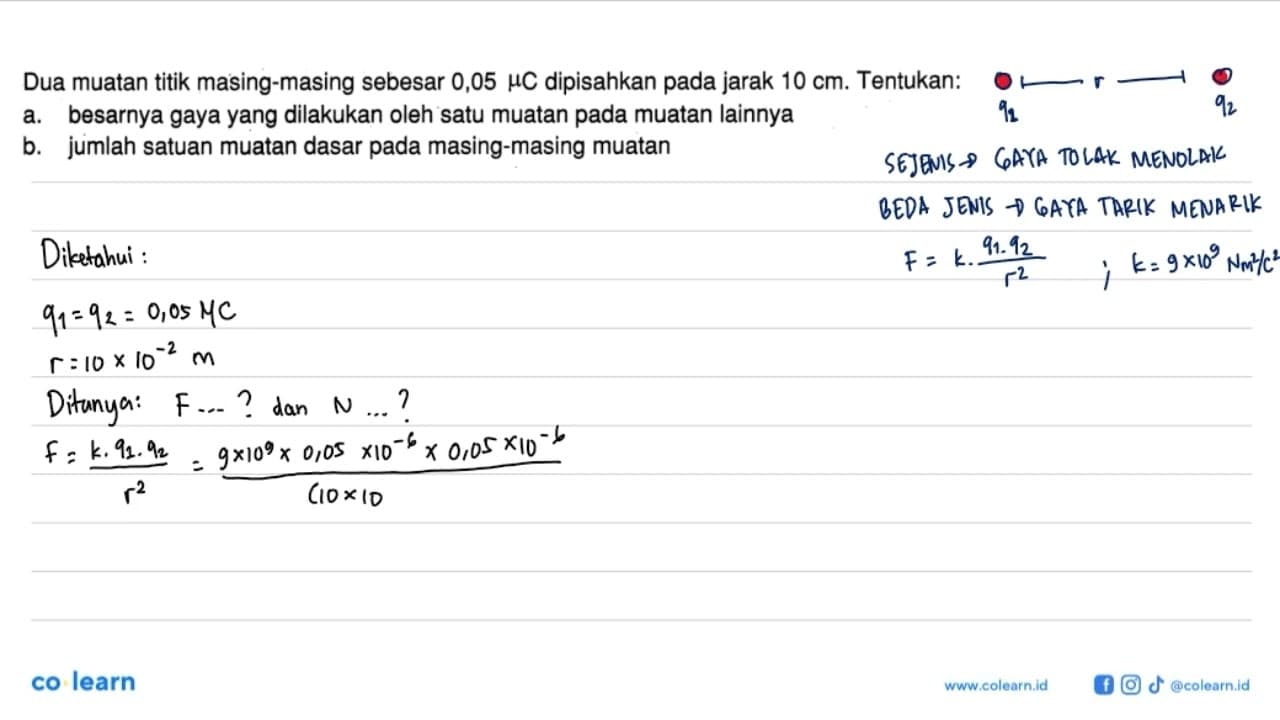 Dua muatan titik masing-masing sebesar 0,05 muC dipisahkan