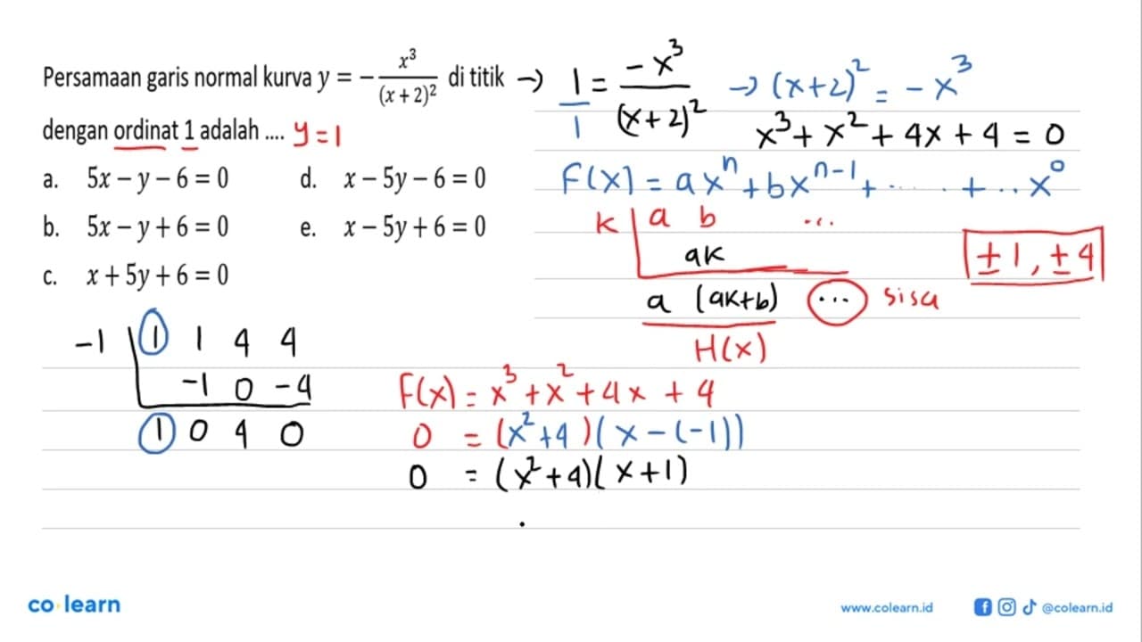 Persamaan garis normal kurva y=-x^3/(x+2)^2 di titik dengan