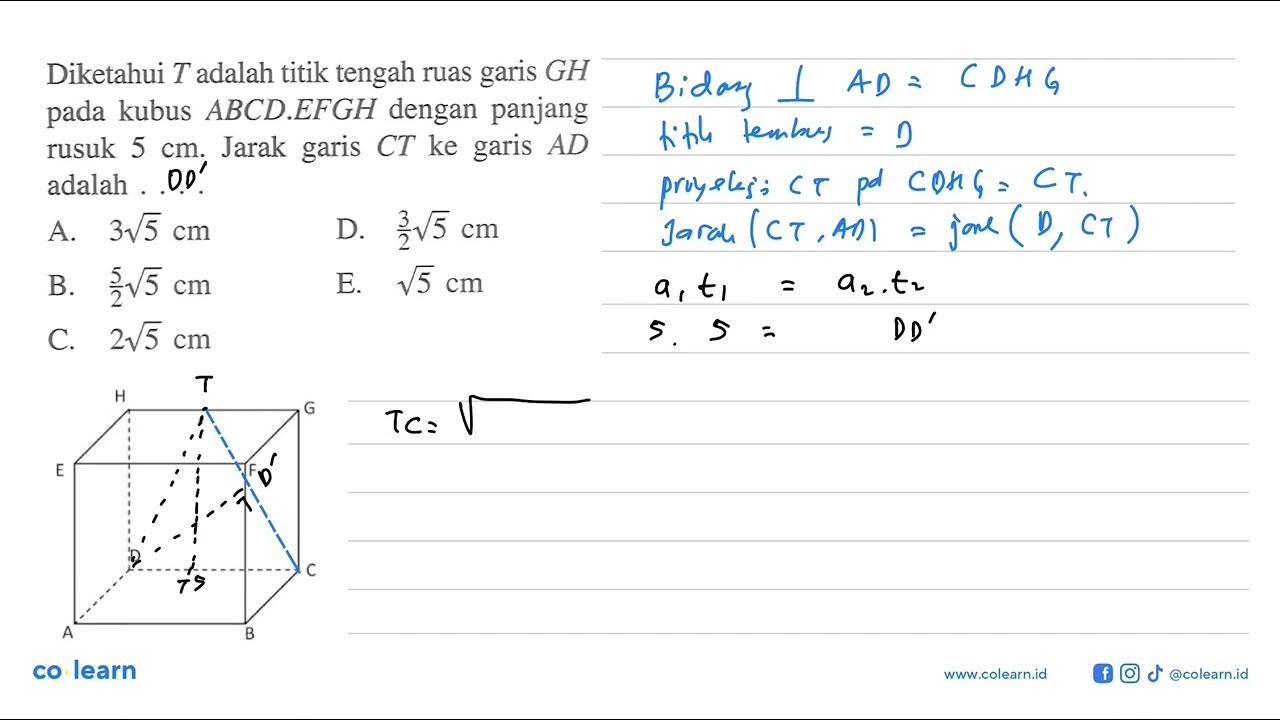 Diketahui T adalah titik tengah ruas garis GH pada kubus