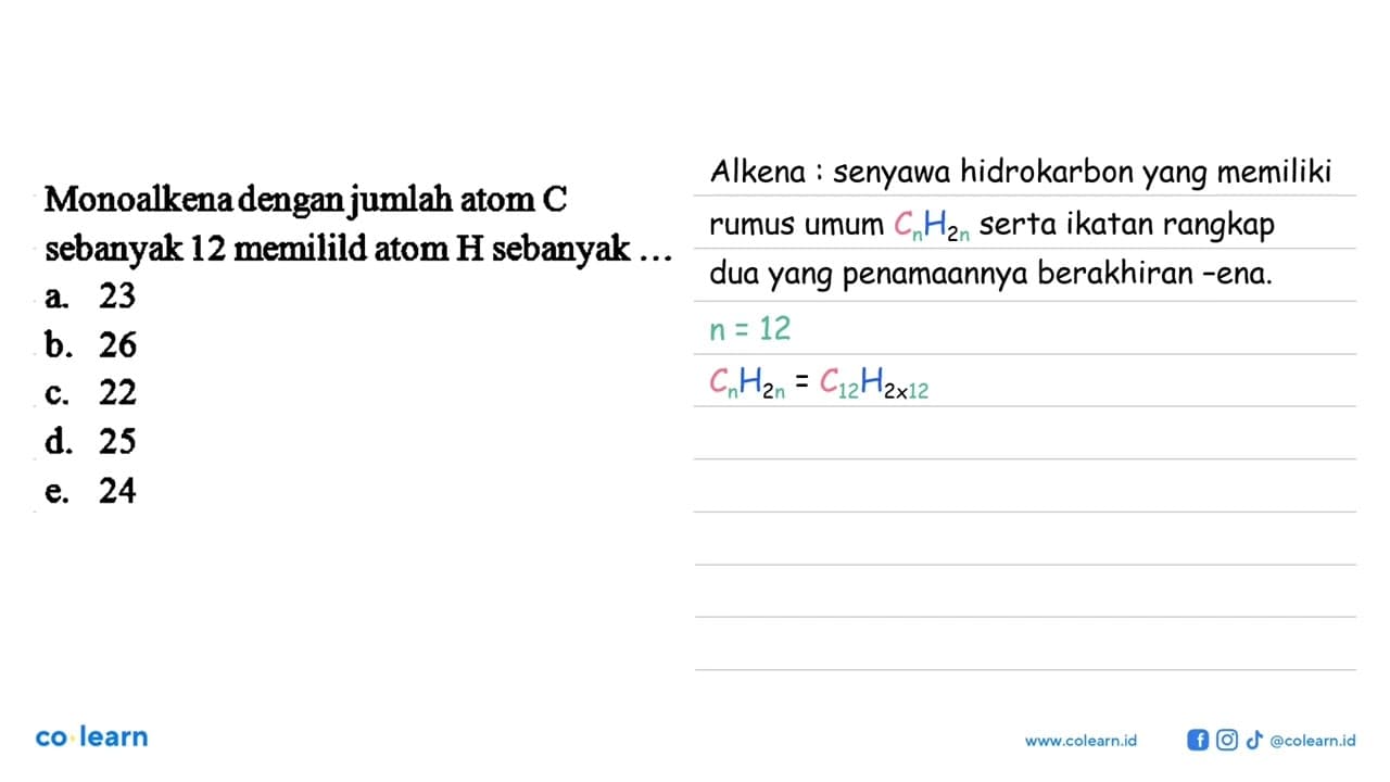 Monoalkena dengan jumlah atom C sebanyak 12 memiliki atom H