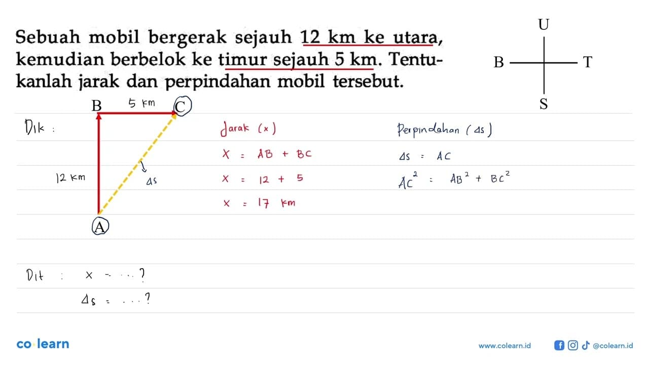 Sebuah mobil bergerak sejauh 12 km ke utara, kemudian