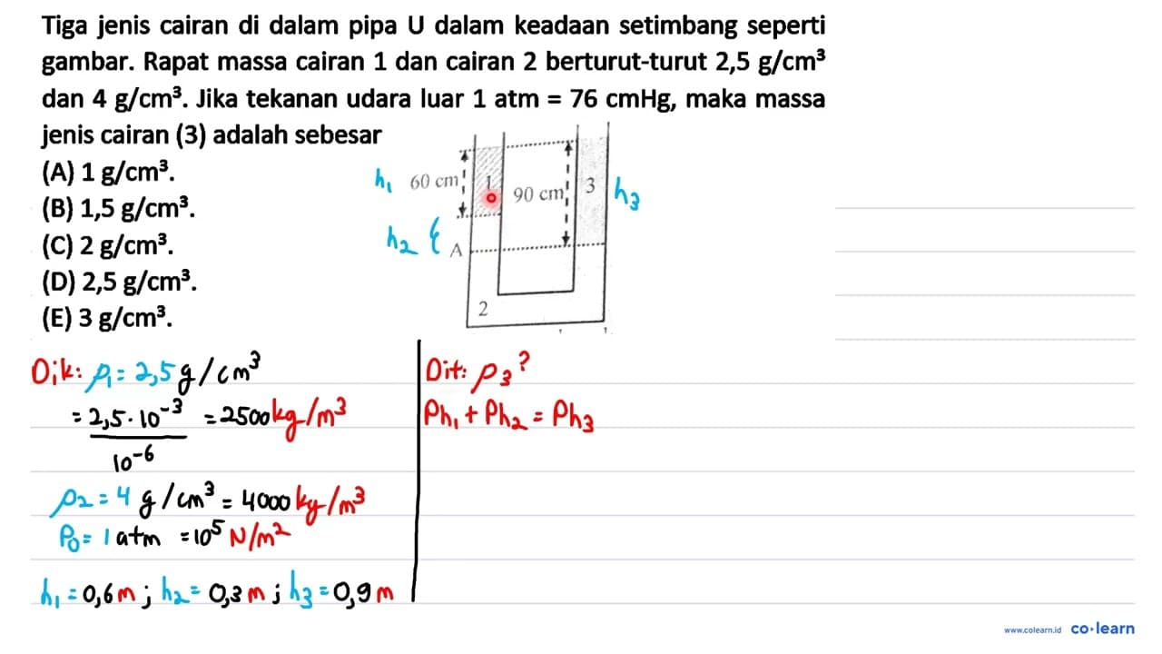 Tiga jenis cairan di dalam pipa U dalam keadaan setimbang