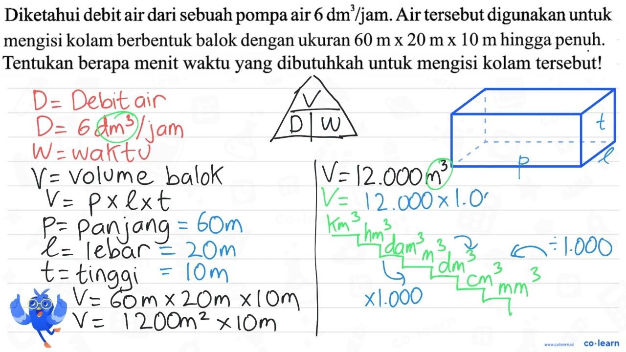 mengisi kolam berbentuk balok dengan ukuran 60 m x 20 m x