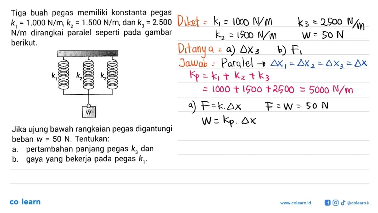 Tiga buah pegas memiliki konstanta pegas k1=1.000 N/m,