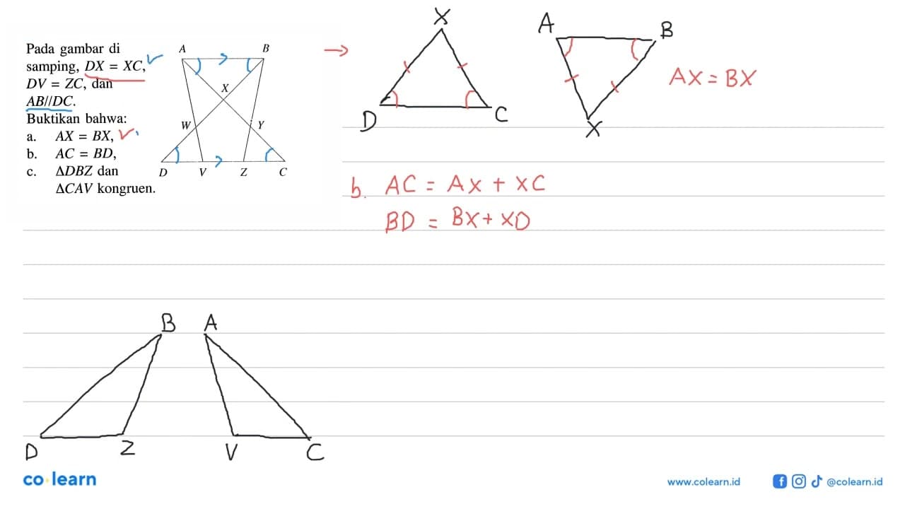 Pada gambar di samping, DX=XC, DV=ZC, dan AB//DC. Buktikan