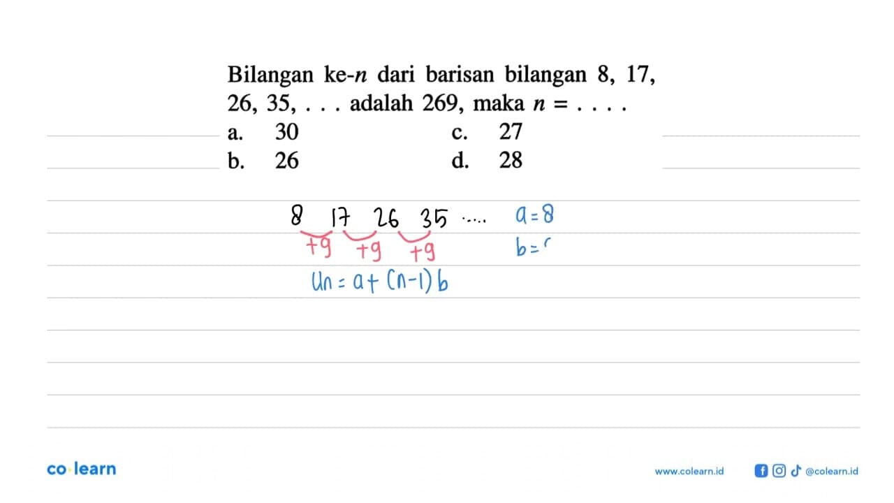 Bilangan ke-n dari barisan bilangan 8, 17, 26, 35, ...