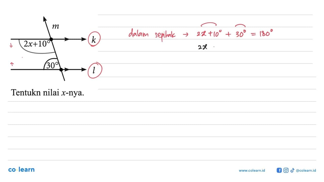 m 2x+10 k 30 l Tentukn nilai x-nya.