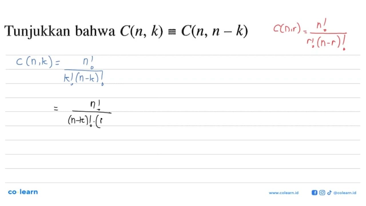 Tunjukkan bahwa C(n, k) ekuivalen C(n, n-k)