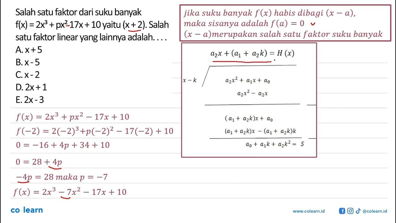 Salah satu faktor dari suku banyak f(x)=2x^3+px^2 17x+10