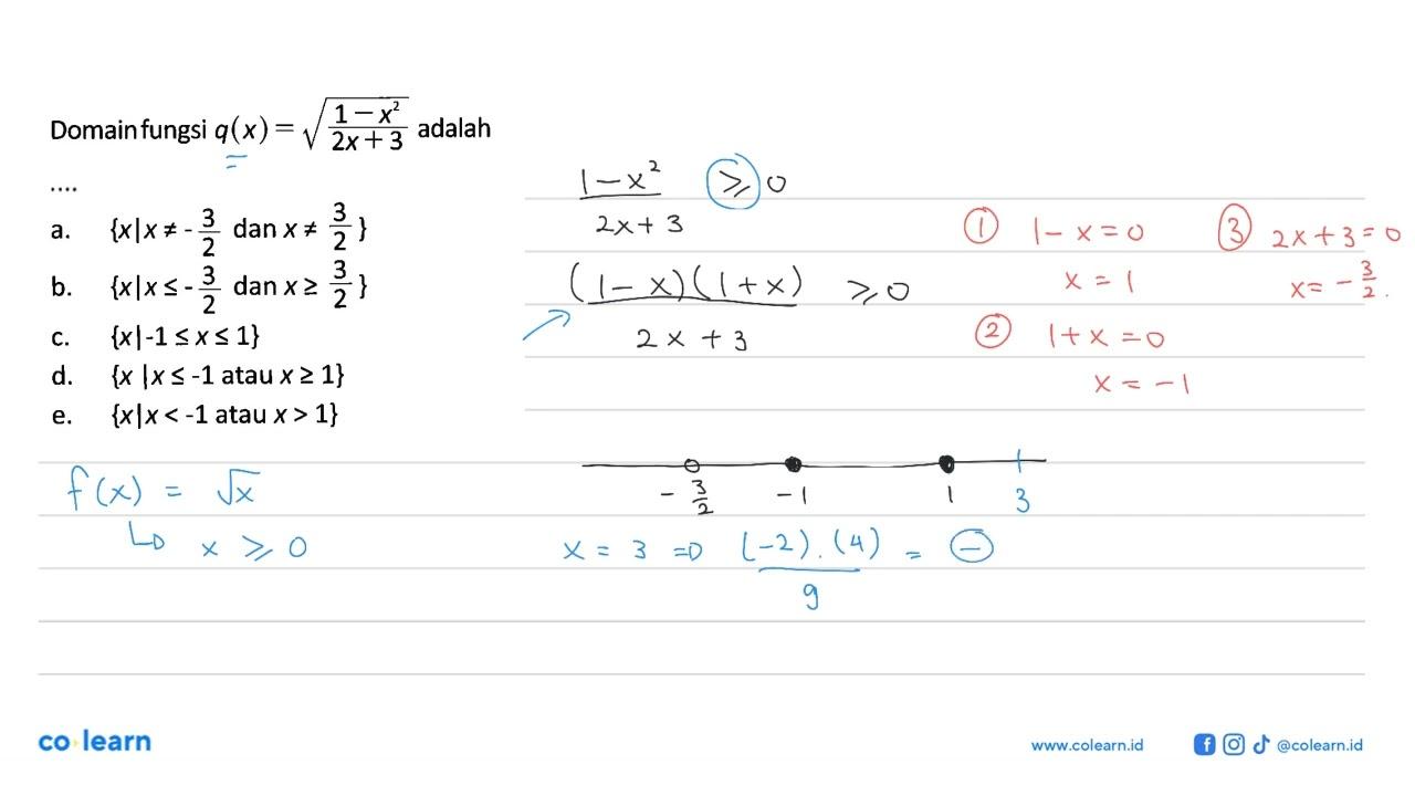 Domain fungsi q(x)=akar((1-x^2)/(2x+3)) adalah...