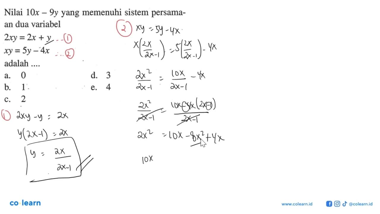 Nilai 10x-9y yang memenuhi sistem persamaan dua variabel