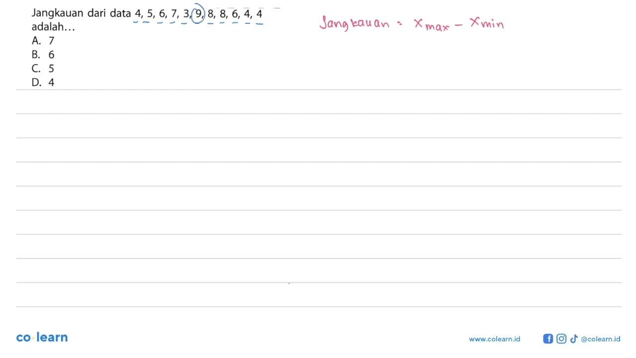 Jangkauan dari data 4,5,6,7,3,9,8,8,6,4,4 adalah...