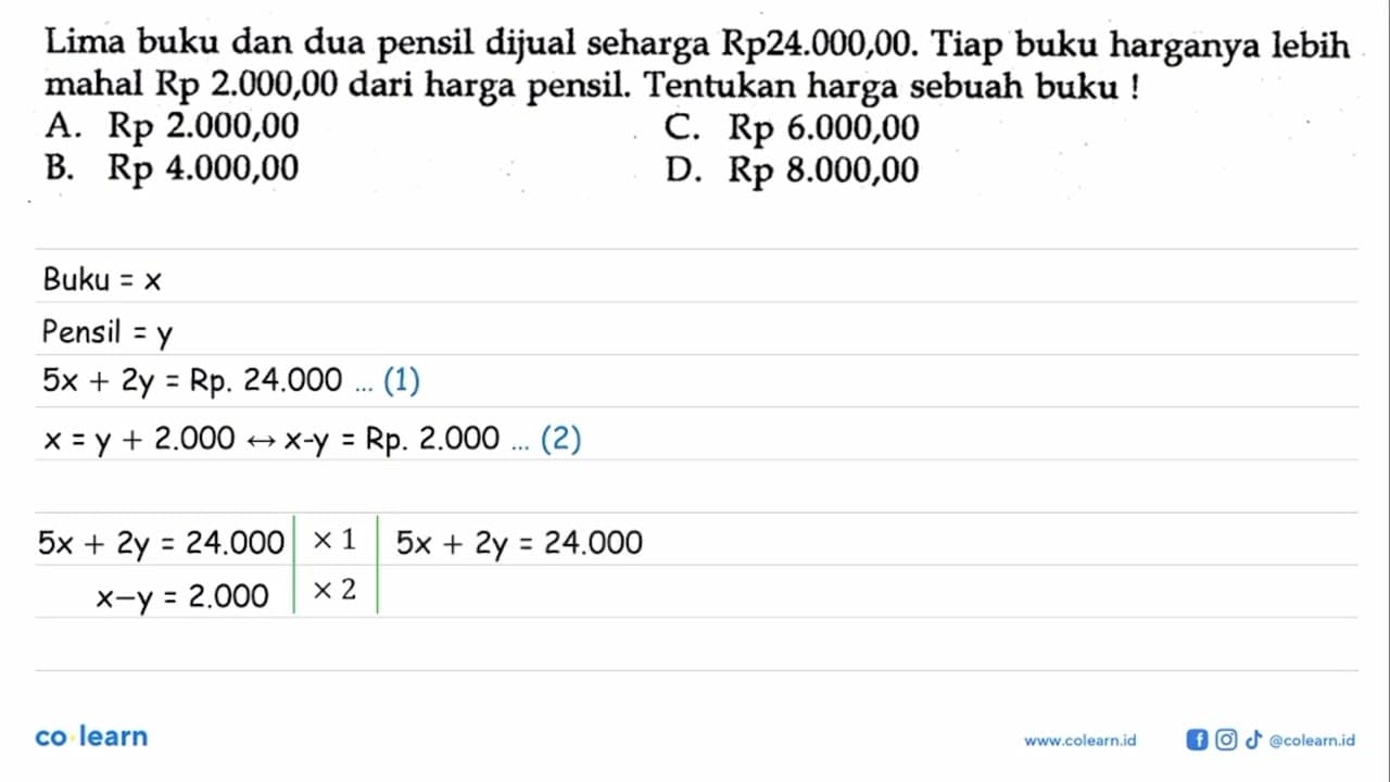 Lima buku dan dua pensil dijual seharga Rp24.000,00. Tiap