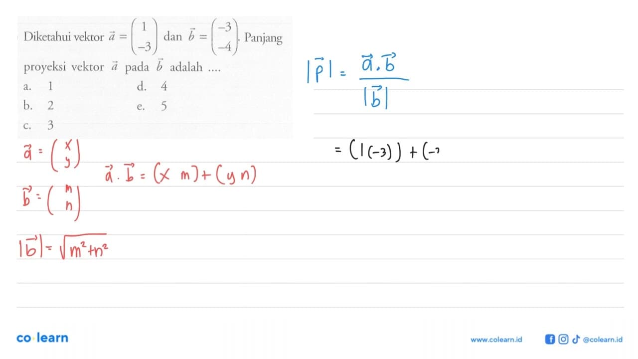 Diketahui vektor a = (1 -3) dan vektor b = (-3 -4). Panjang