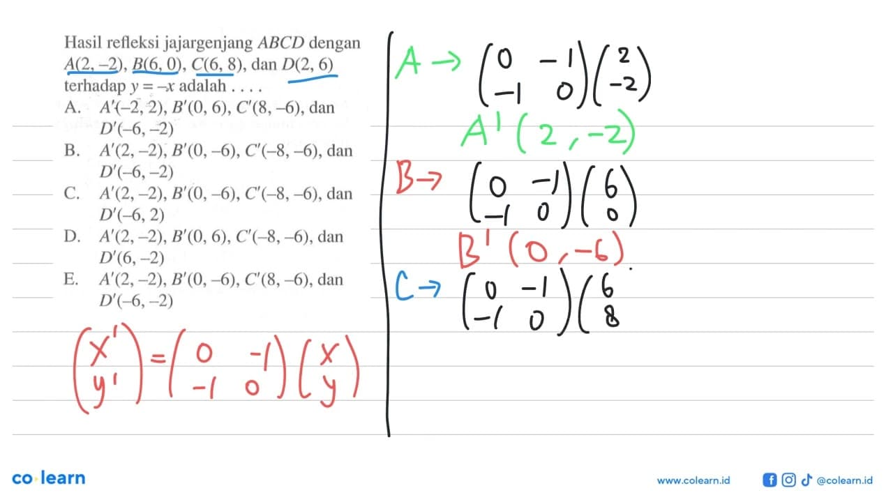 Hasil refleksi jajargenjang ABCD dengan A(2,-2), B(6, 0),