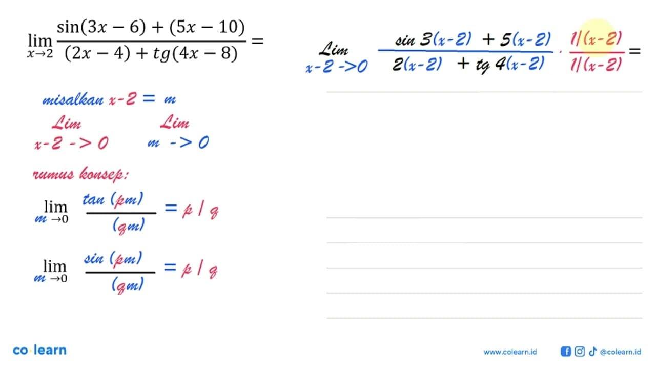 lim x->2 (sin(3x-6)+(5x-10))/((2x-4)+tg(4x-8))= ...