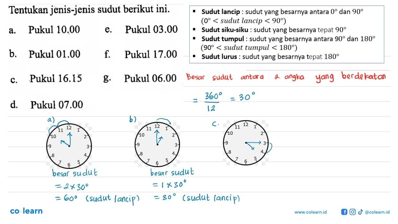 Tentukan jenis-jenis sudut berikut ini.a. Pukul 10.00 b.