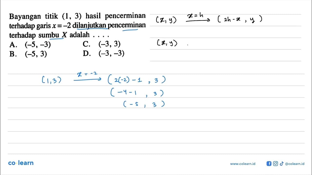 Bayangan titik (1,3) hasil pencerminan terhadap garis x=-2