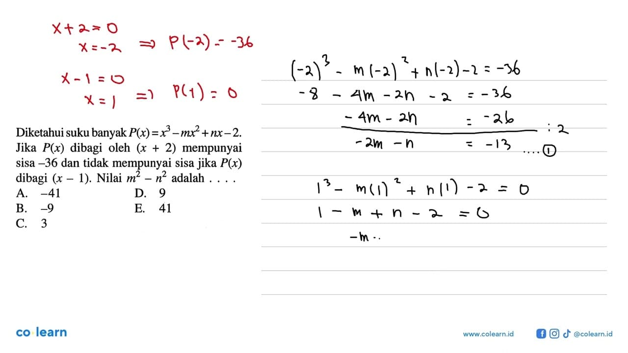 Diketahui suku banyak P(x)=x^3-mx^2+nx-2. Jika P(x) dibagi