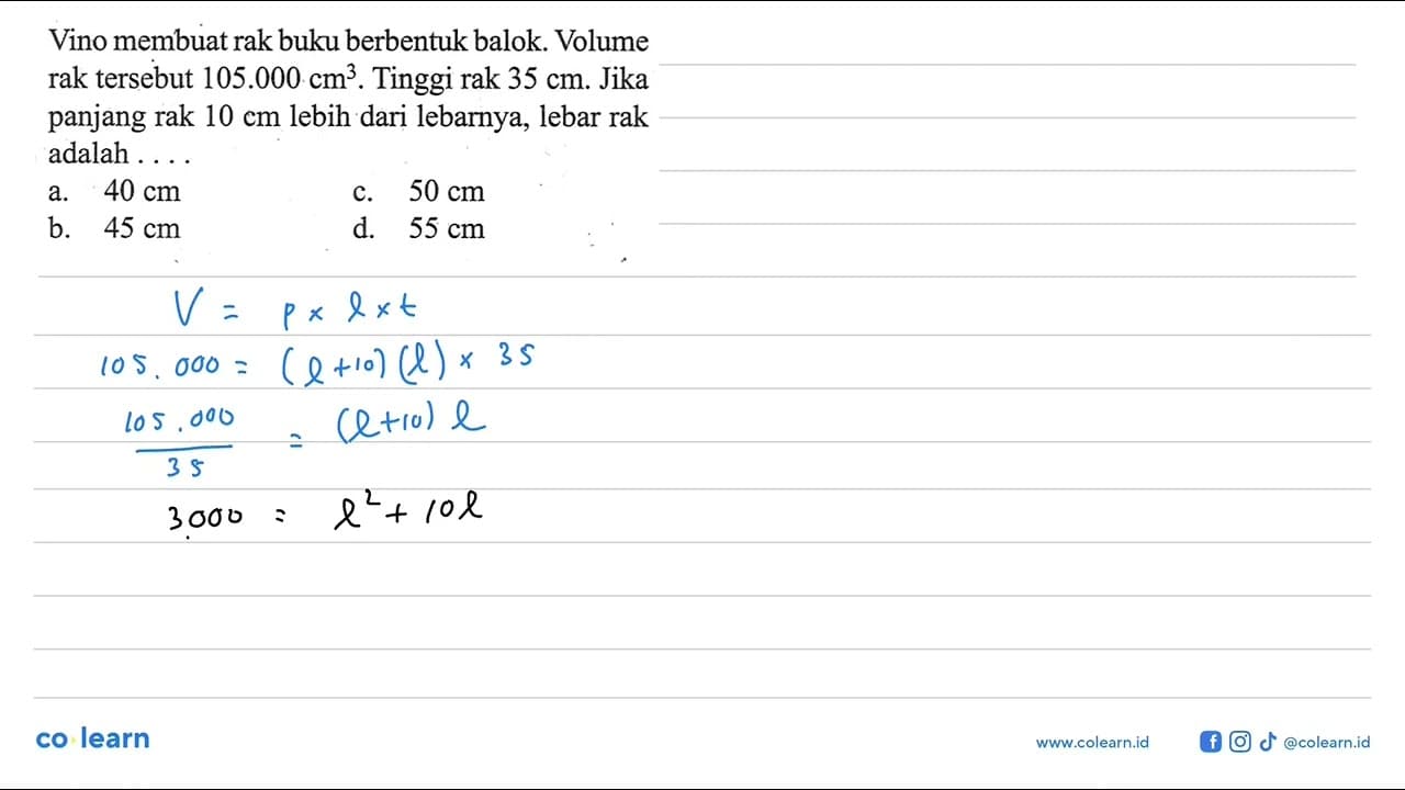 Vino membuat rak buku berbentuk balok. Volume rak tersebut