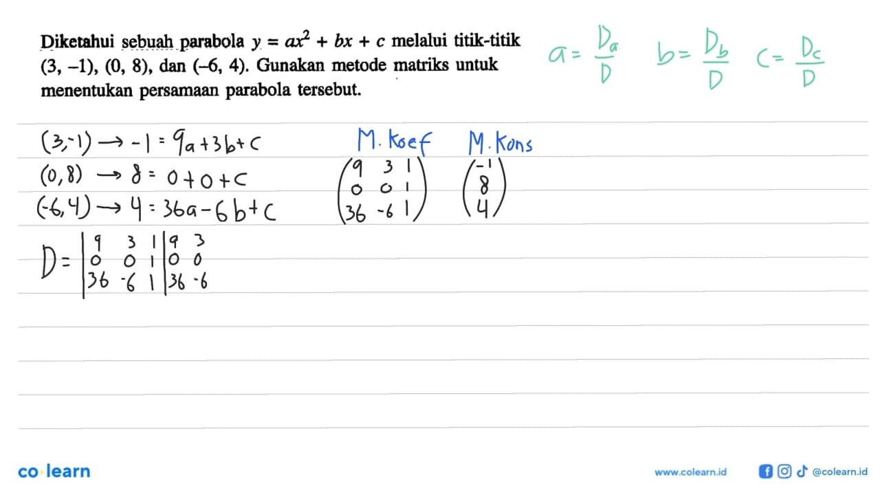 Diketahui sebuah parabola y=ax^2+bx+c melalui titik-titik