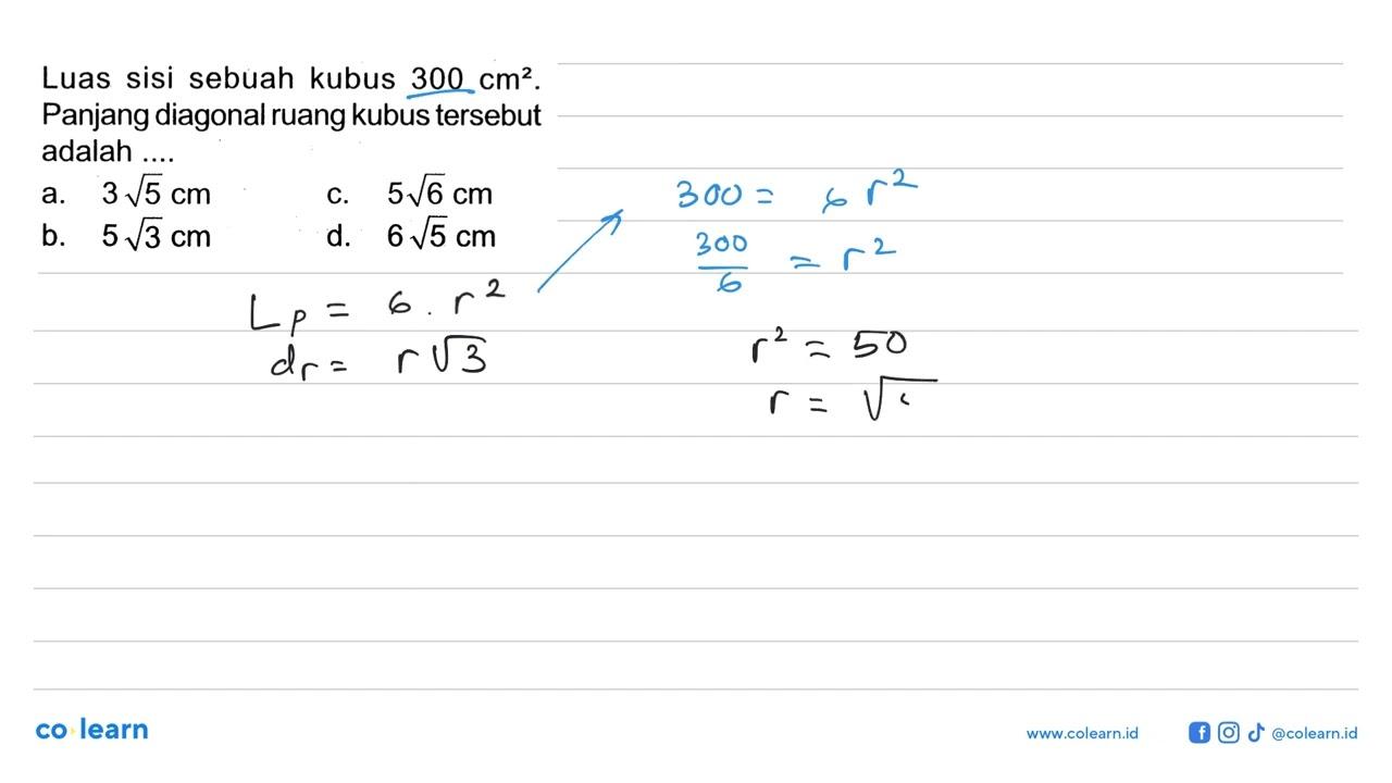 Luas sisi sebuah kubus 300 cm^2. Panjang diagonal ruang