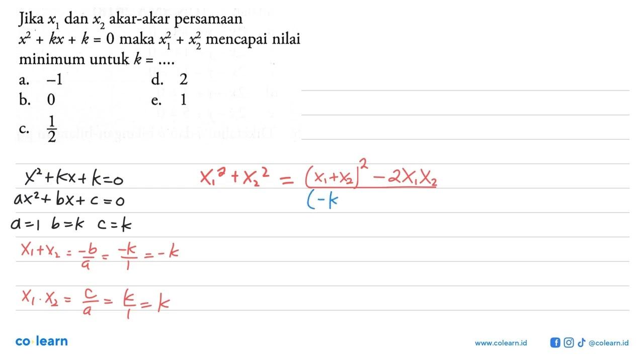 Jika x1 dan x2 akar-akar persamaan x^2+kx+k=0 maka