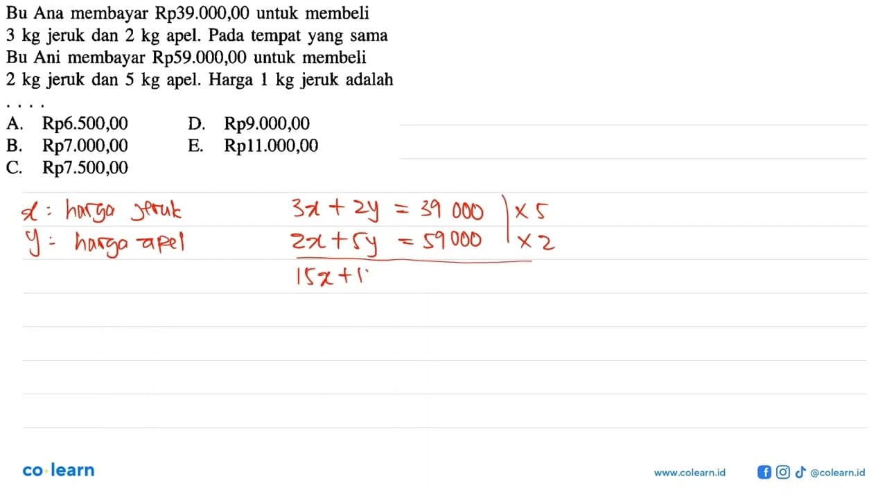 Bu Ana membayar Rp39.000,00 untuk membeli 3 kg jeruk dan 2