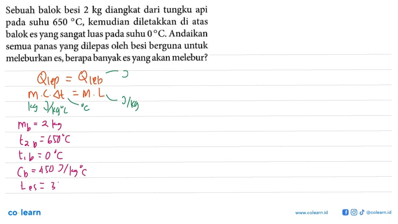 Sebuah balok besi 2 kg diangkat dari tungku api pada suhu