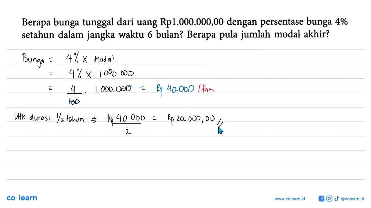 Berapa bunga tunggal dari uang Rp1.000.000,00 dengan