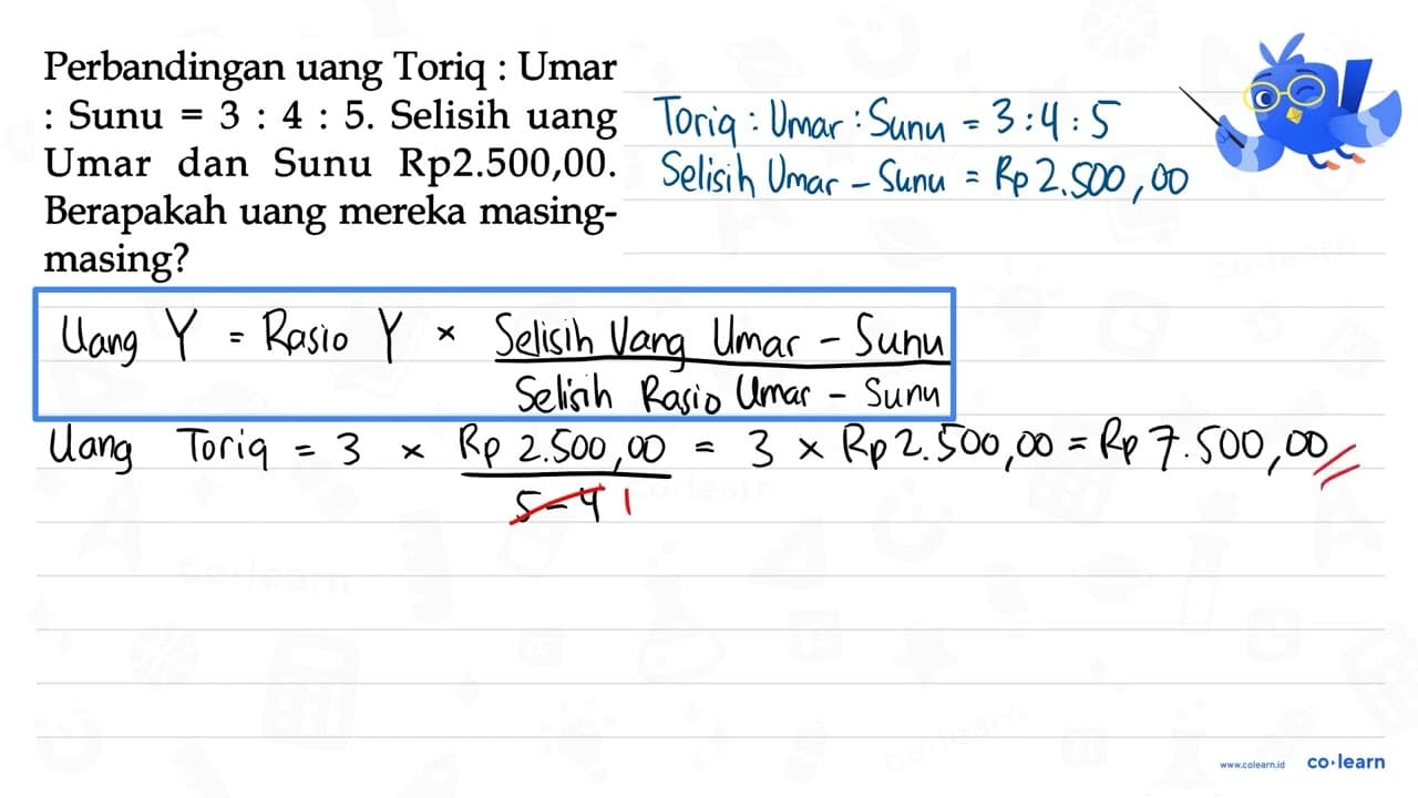 Perbandingan uang Toriq : Umar : Sunu = 3 : 4 : 5. Selisih