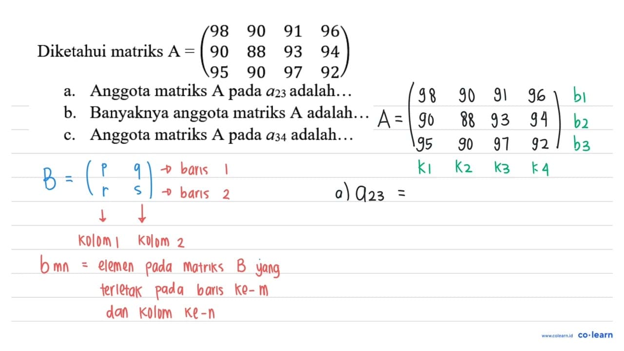 Diketahui matriks A=(98 90 91 96 90 88 93 94 95 90 97 92)