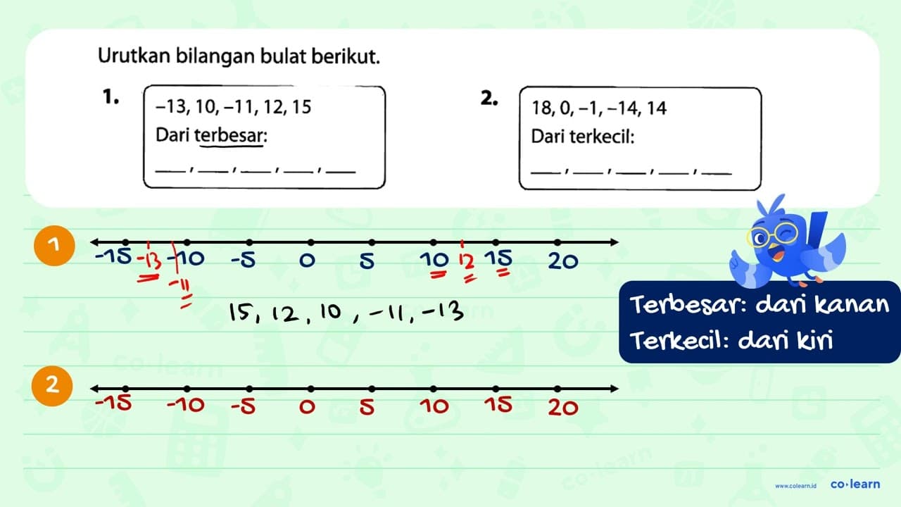 Urutkan bilangan bulat berikut. 1. -13, 10, -11, 12, 15