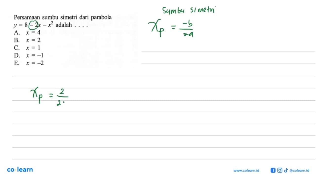 Persamaan sumbu simetri dari parabola y=8-2x-x^2 adalah