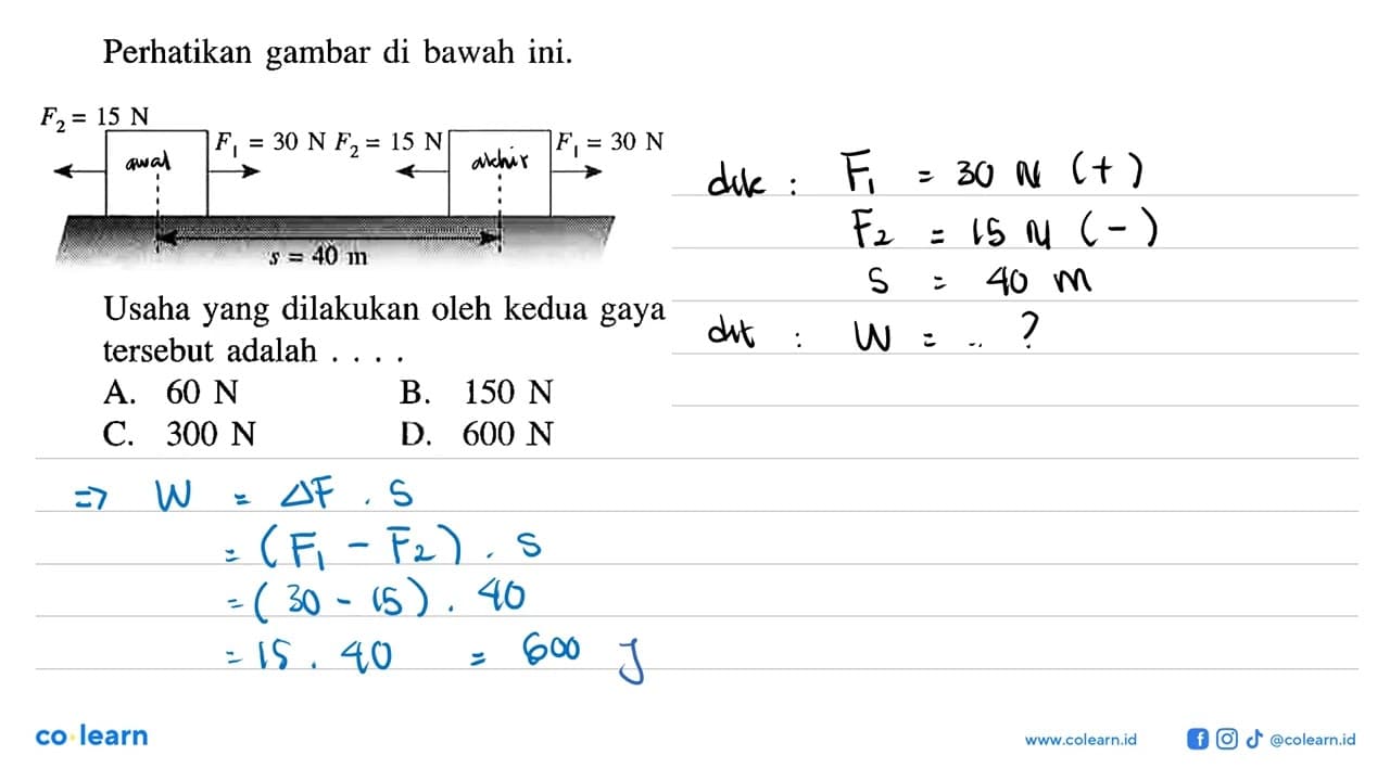 Perhatikan gambar di bawah ini. F2=15 N, F1=30 N, s=40 m