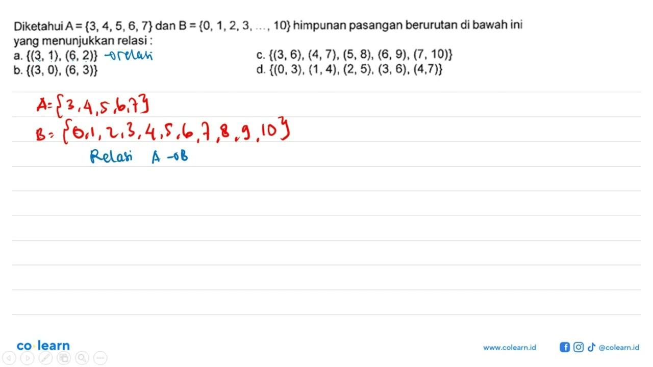 Diketahui A = {3, 4, 5, 6, 7} dan B = {0, 1, 2, 3, .....,