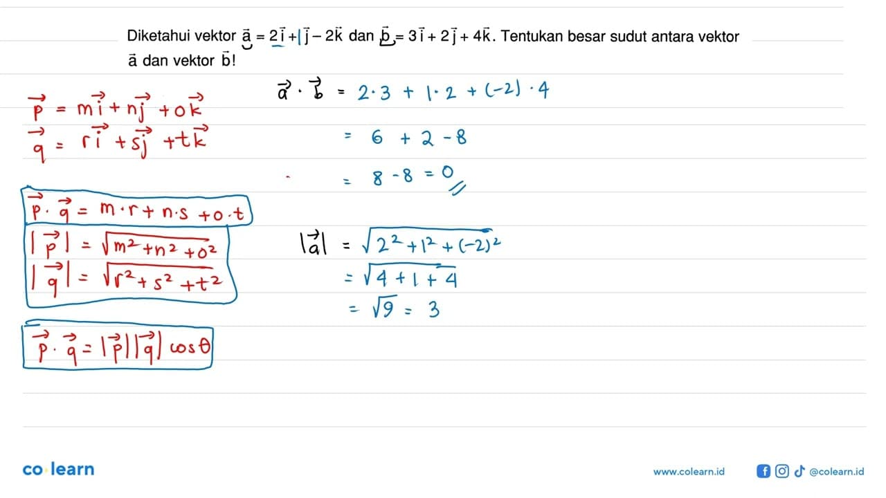 Diketahui vektor a=2i+j-2k dan vektor b=3i+2j+4k. Tentukan