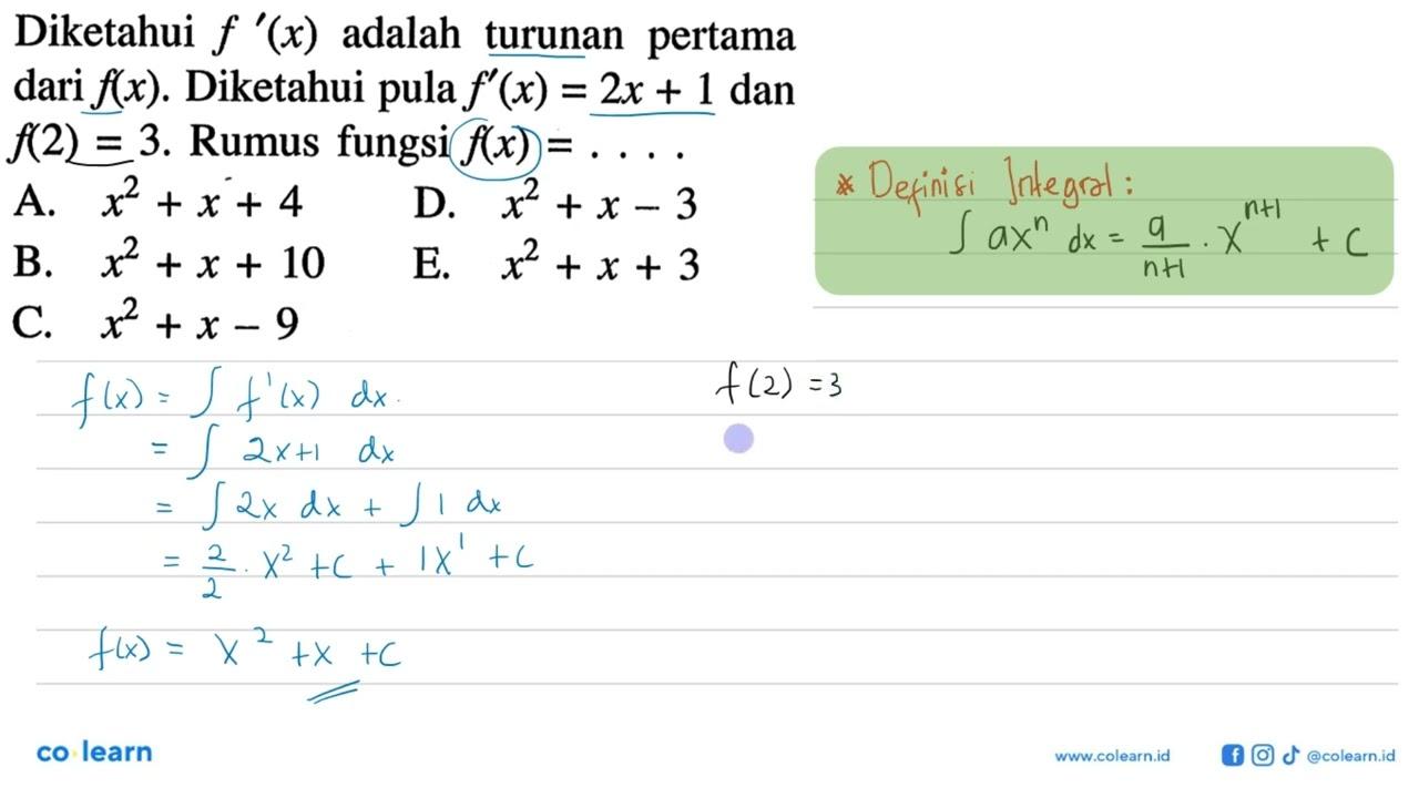 Diketahui f'(x) adalah turunan pertama dari f(x). Diketahui