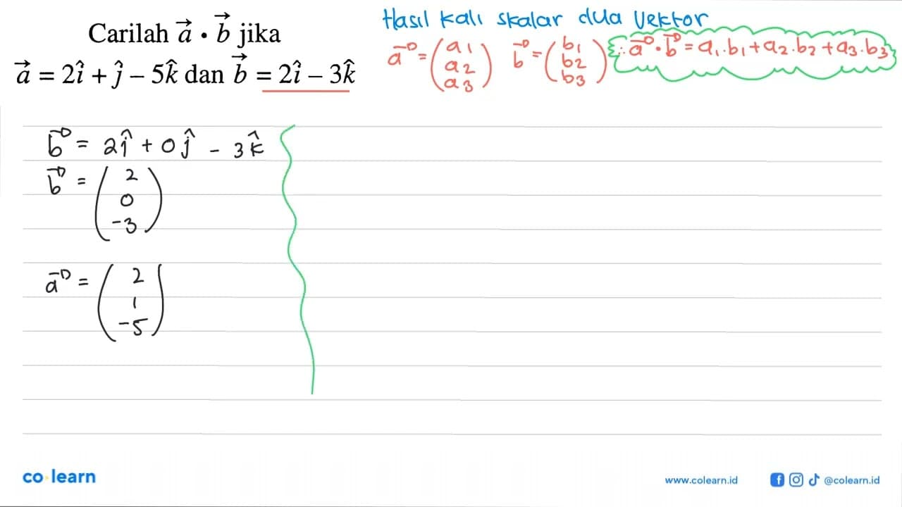 Carilah a.b jikavektor a=2i+j-5k dan vektor b=2i-3k