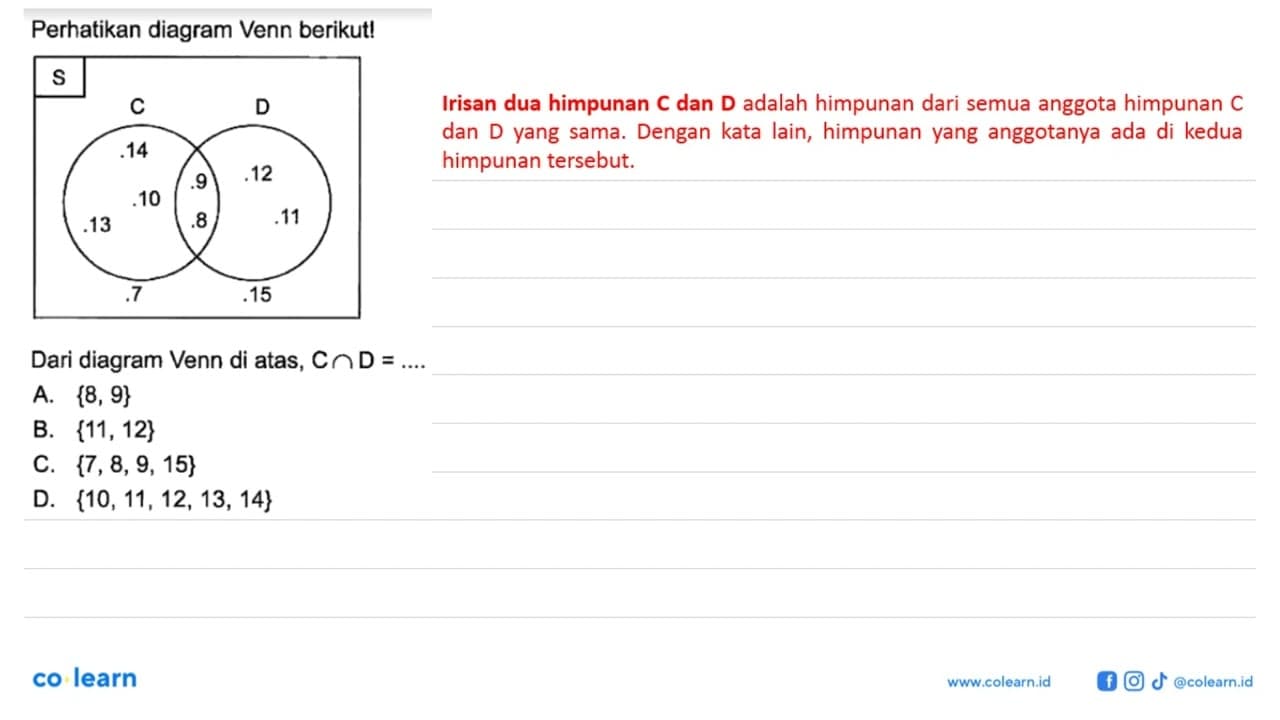 Perhatikan diagram Venn berikut! Dari diagram Venn di atas,