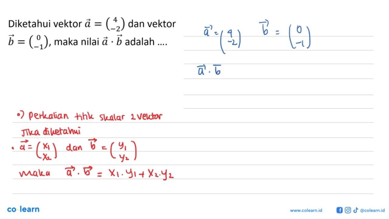 Diketahui vektor a=(4 -2) dan vektor b=(0 -1), maka nilai