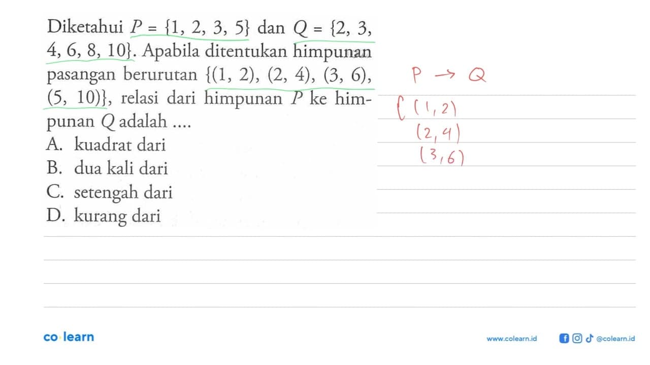 Diketahui P = {1, 2, 3, 5} dan Q = {2, 3, 4, 6, 8, 10}.