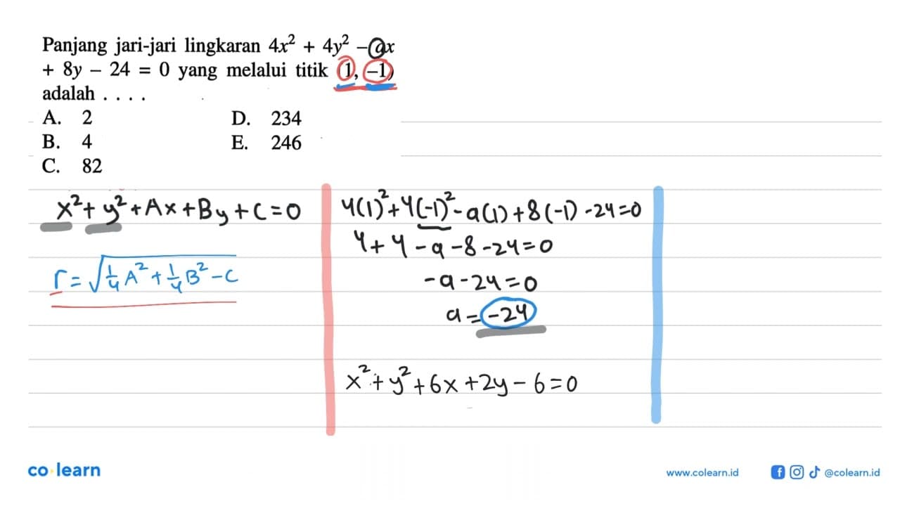 Panjang jari-jari lingkaran 4x^2+4y^2-ax+8y-24=0 yang