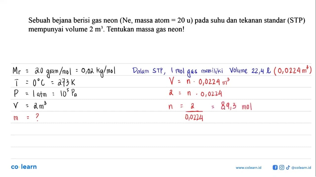 Sebuah bejana berisi gas neon (Ne , massa atom = 20 u) pada