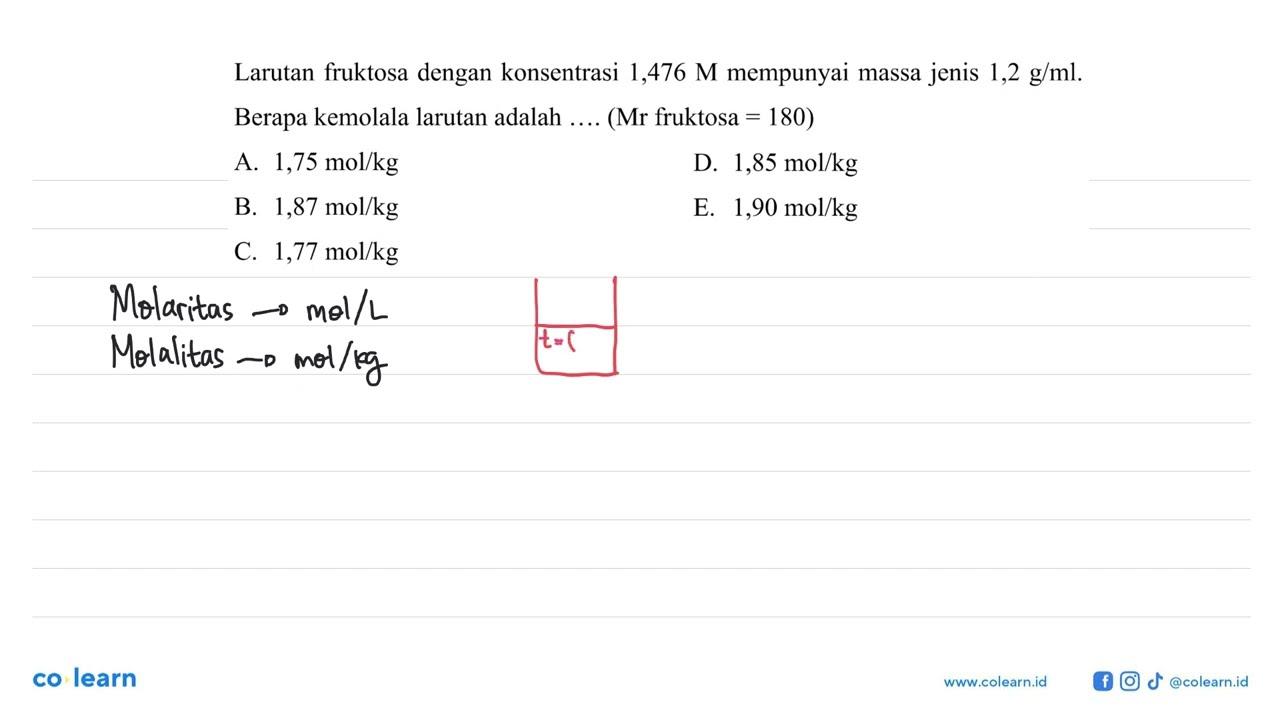 Larutan fruktosa dengan konsentrasi 1,476 M mempunyai massa