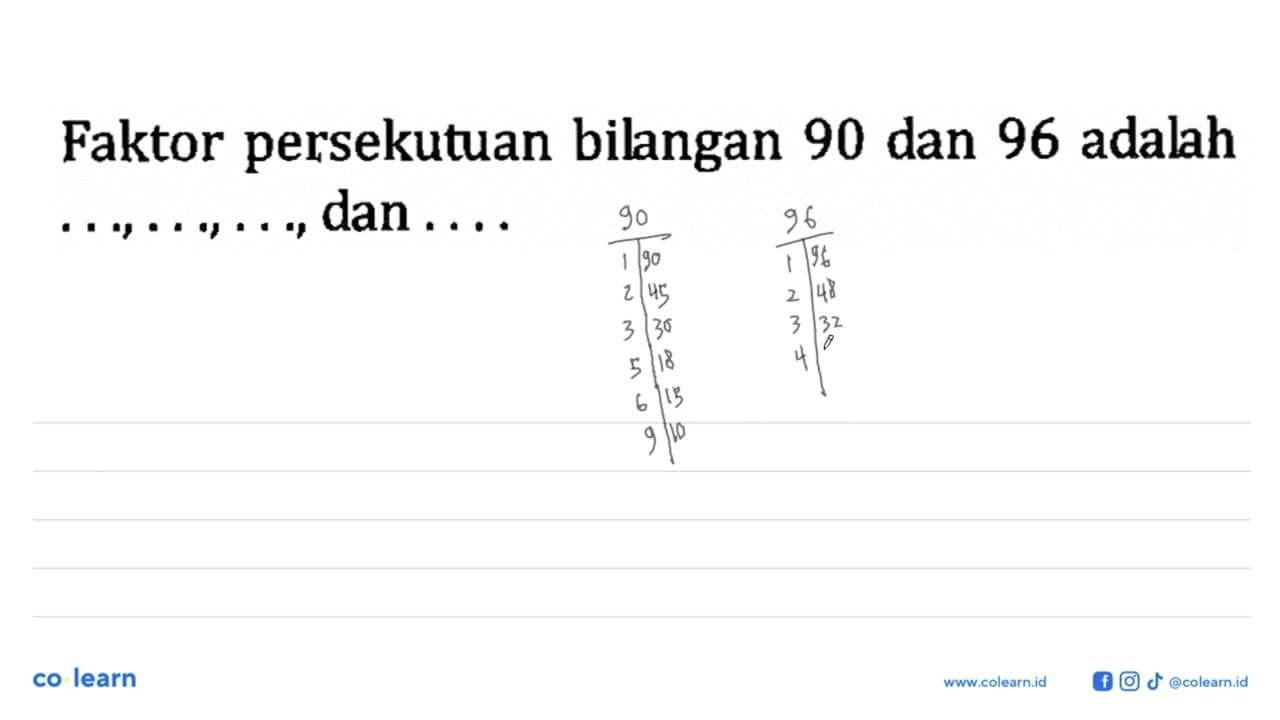 Faktor persekutuan bilangan 90 dan 96 adalah ..., ..., ...,