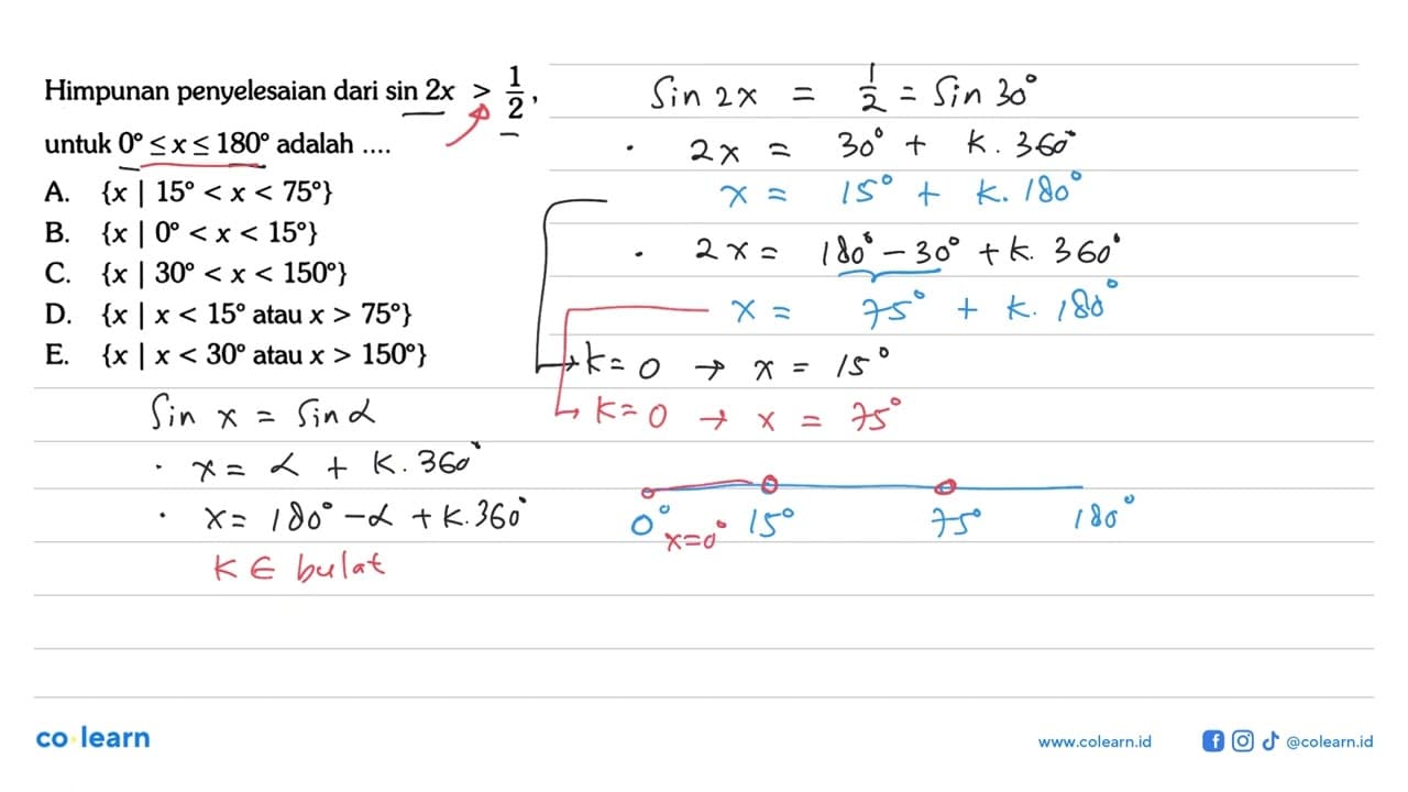 Himpunan penyelesaian dari sin 2x > 1/2 untuk 0<=x<=180