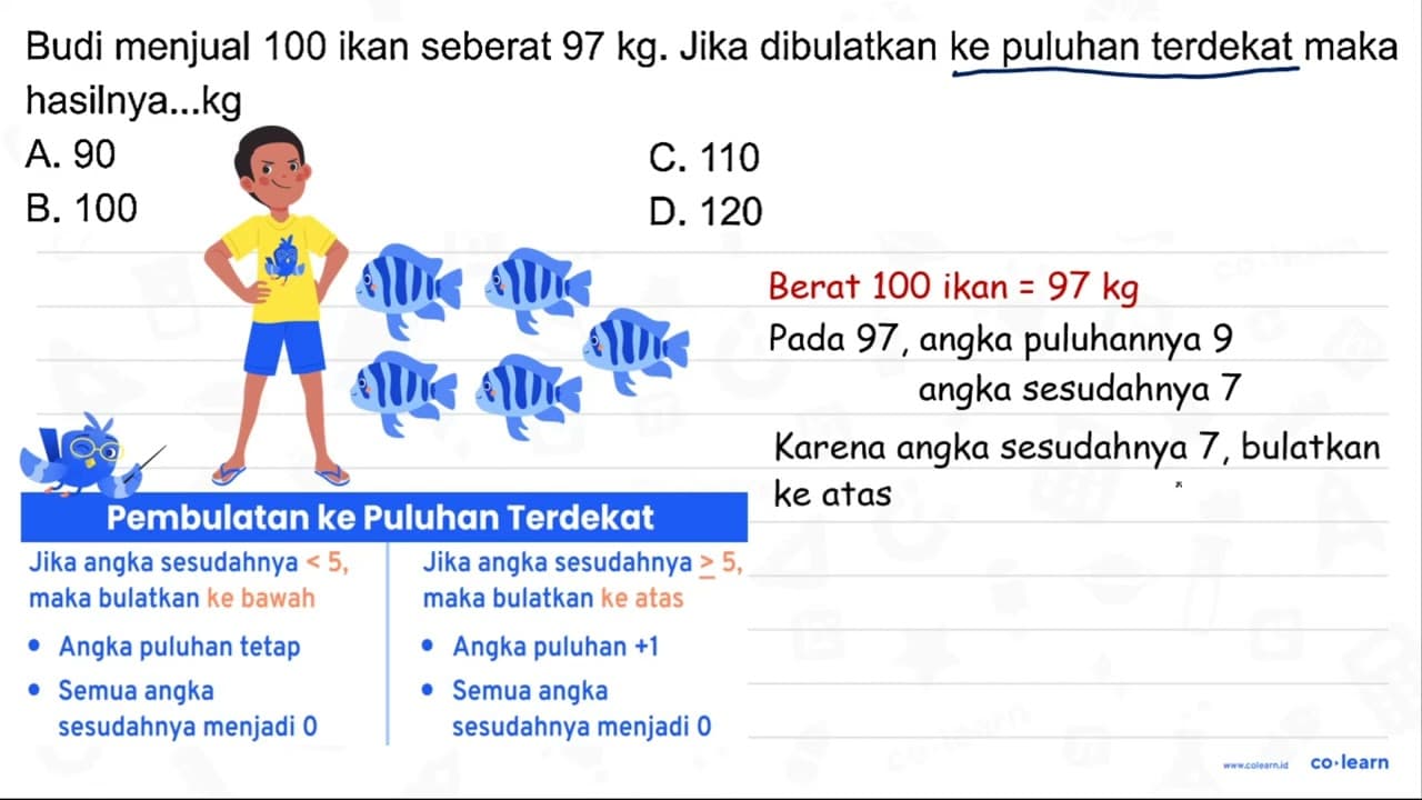 Budi menjual 100 ikan seberat 97 kg . Jika dibulatkan ke