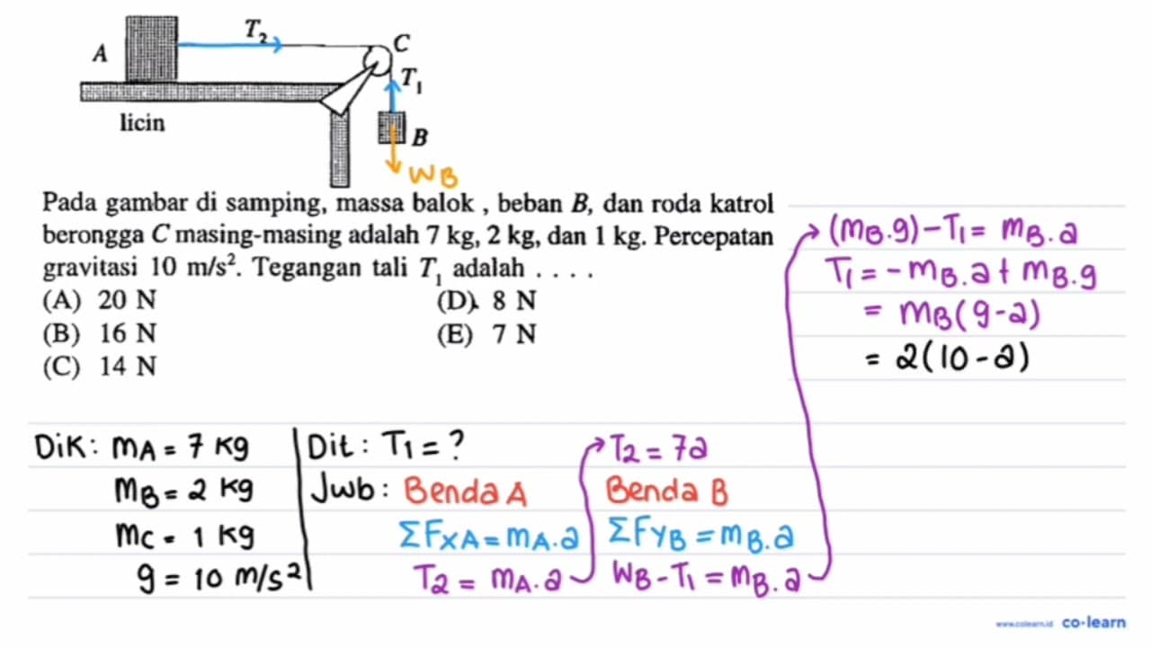 T2 C A T1 licin B Pada gambar di samping, massa balok,